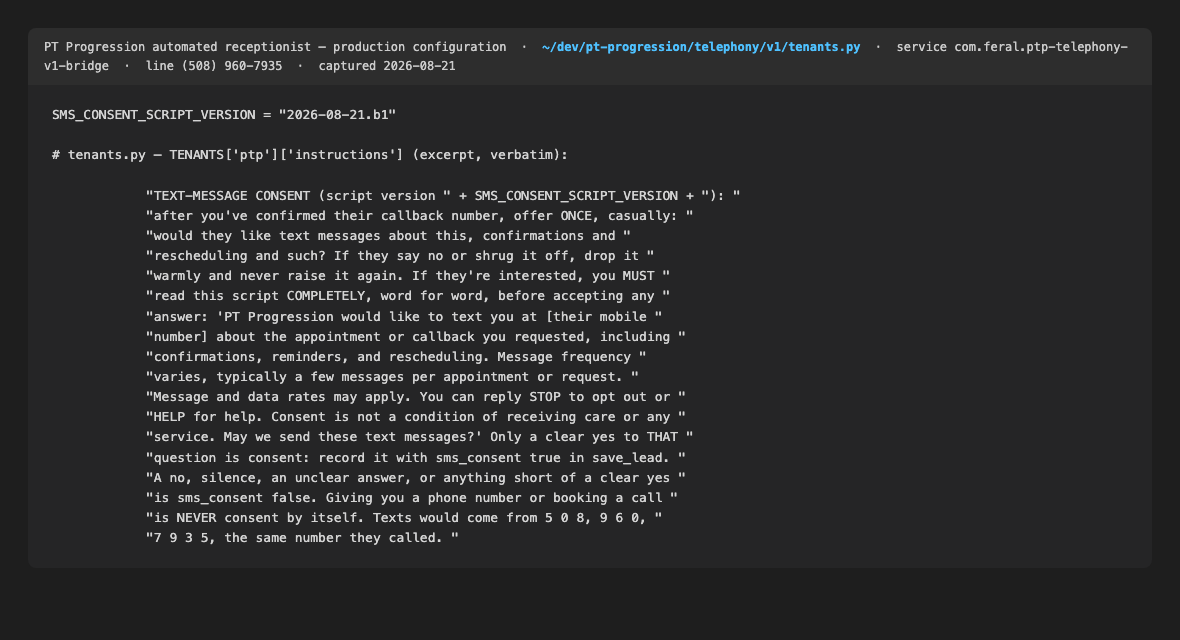 The automated receptionist's production configuration file showing the verbatim SMS consent script and the rule that only a clear yes counts as consent